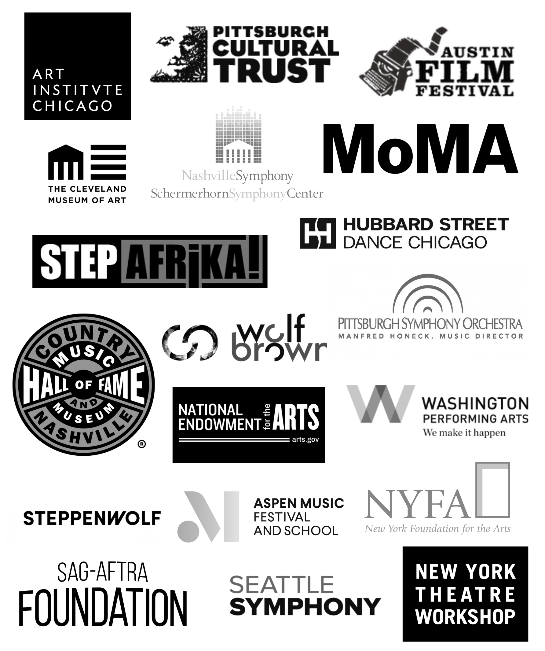 An array of logos showing where arts management graduates have gone on to work.