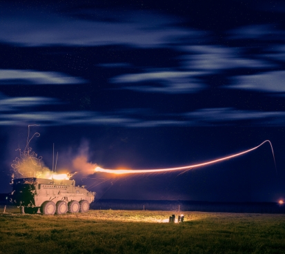 Night_Javelin_Stryker: Night testing of the Stryker Infantry Carrier and Common Remote Weapon Station - Javelin (CROWS-J) at U.S. Army Aberdeen Test Center. The CROWS-J allows the crew to engage threats from a distance and stay under cover when firing.
